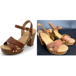 STYLISH S SHIFT Women's 9 Brown Studded Platform Sandals NWOT Faux Wood Heel
